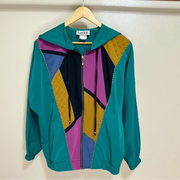 Teddi Vintage Multicolor Geometric Lightweight Zip Up Hooded Jacket. - Picture 1 of 9